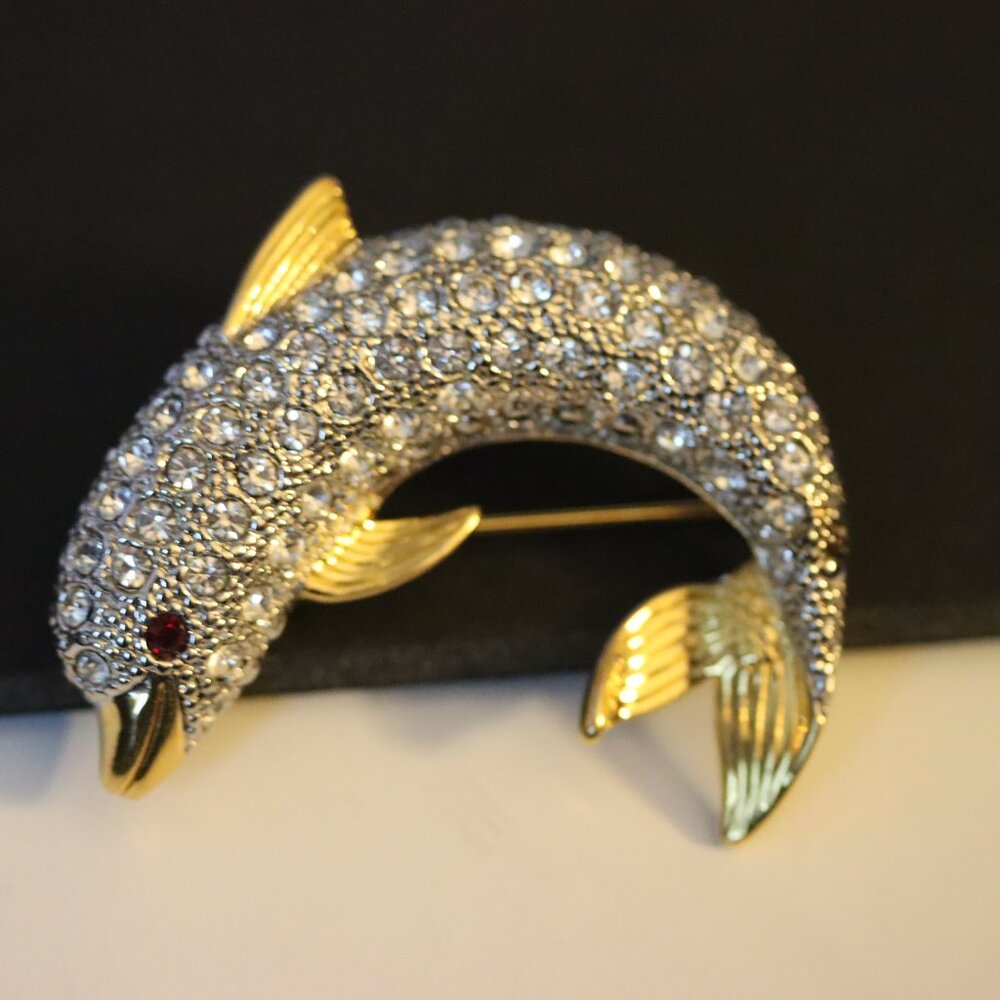 Vintage Unsigned Rhinestone 2" Dolphin Brooch Pin From 2000